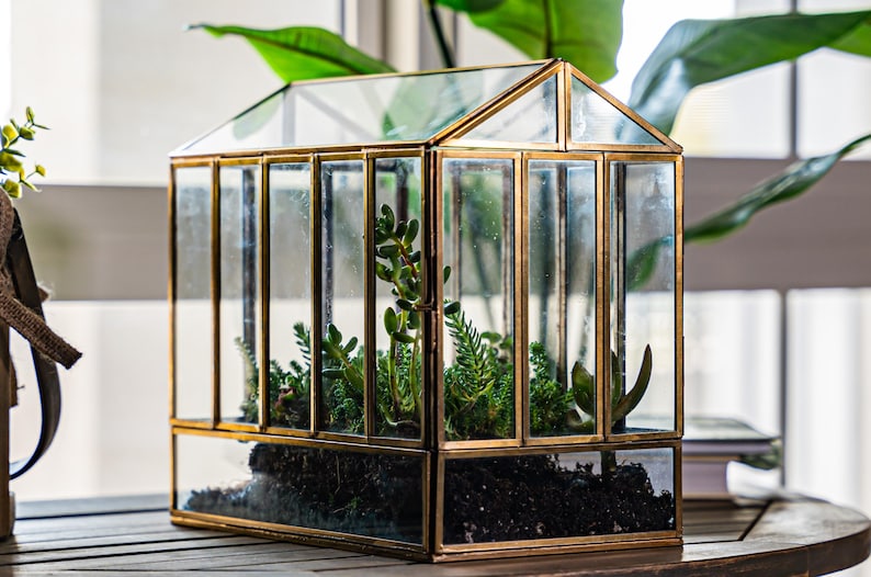 Brass Greenhouse Terrarium, Glass & Metal Indoor Display
