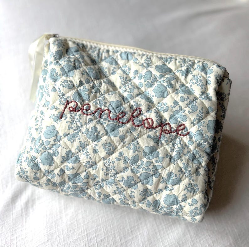 Personalized Embroidered Floral Cotton Pouch: Hand Embroidered Organizer