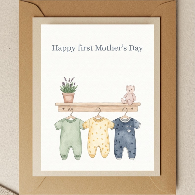 First Mother's Day Card: Watercolor Baby Clothesline Illustration
