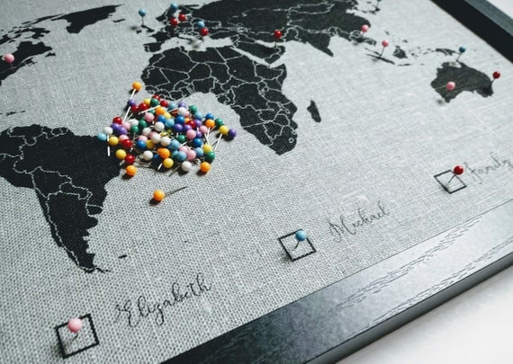 Pushpin World Map on Linen