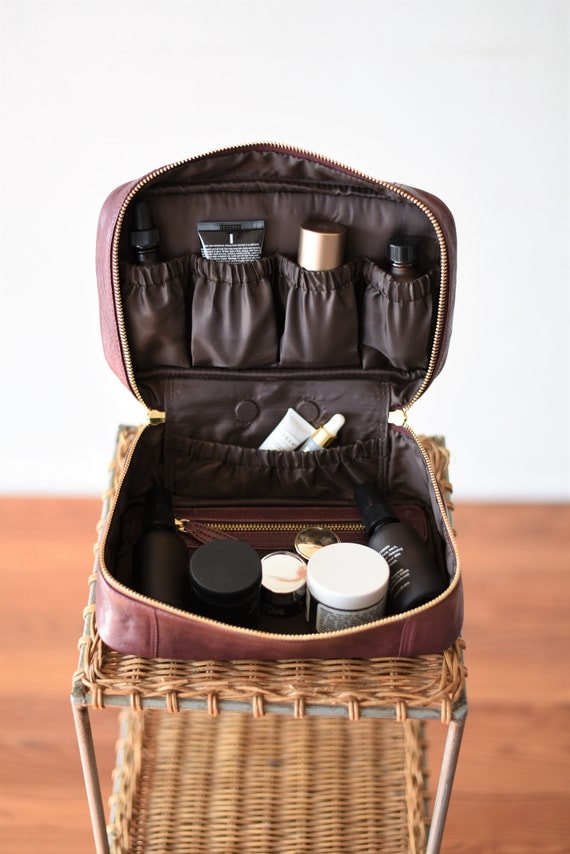Monogrammed Leather Toiletry & Cosmetic Bag