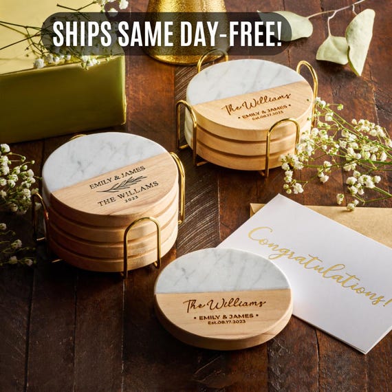 Marble and Wood Coaster Set